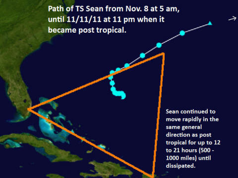 Path of TS Sean to the peak of Bermuda triangle, a type of ascension among many other things. Relates to Ezek. 9 as well.