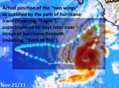 Hurricane Kenneth with path of Irwin superimposed over it. Compare to English Bible code.